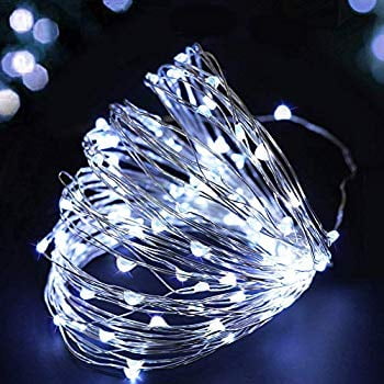 33' Long LED Cool White Christmas String Lights Outdoor Waterproof - Cool White LED String Lights White Wire Battery Powered with Timer - LED Christmas Garland Christmas Tree Lights