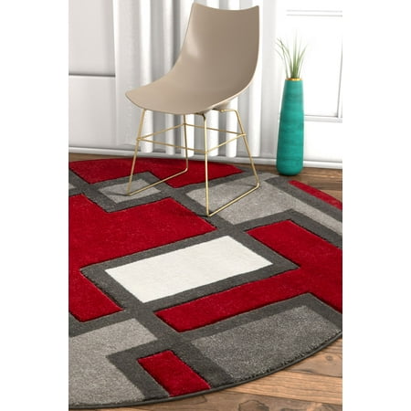 Abstract Boxes - Uptown Squares Red Grey Modern Geometric Comfy Casual Hand Carved 5 Round (5'3