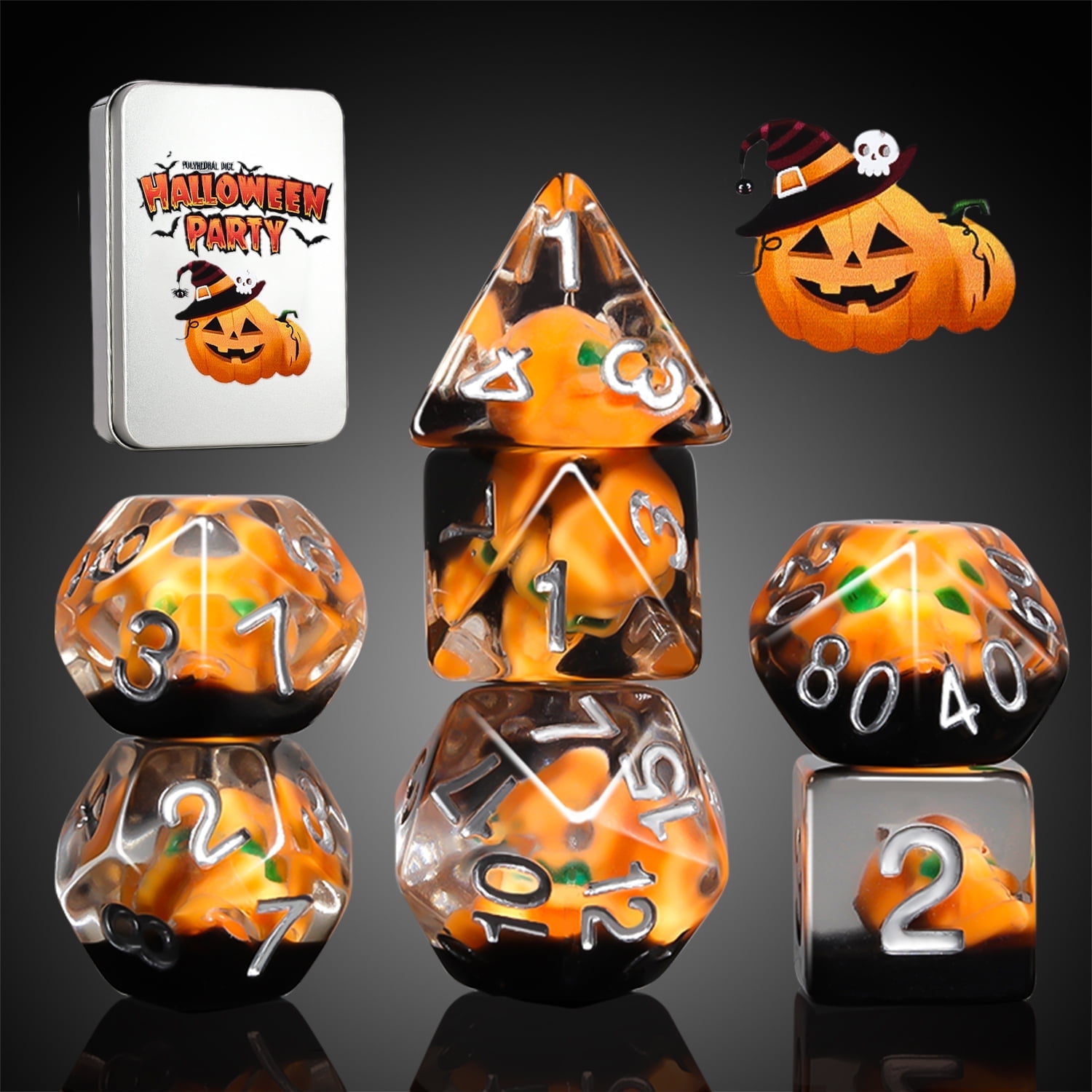 SWAJUJA Gothic Pumpkin Skull DND Dice Set with Themed Storage Box, Polyhedral RPG Dice for Tabletop Role-Playing Games