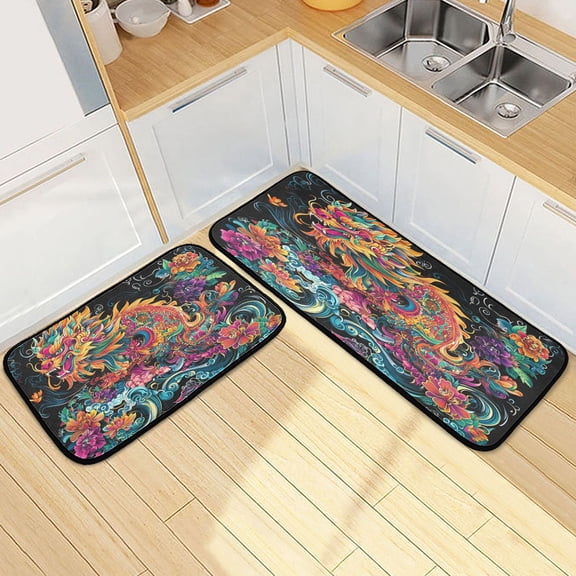 Kitchen Rugs and Mats【2 PCS】Non Skid Colorful Dragon Creative Kitchen Mat