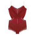thumbnail image 3 of Kaerm Women Latin Dance Dress Ruched Mesh Glitter Fringed Leotard Dress Burgundy S, 3 of 5