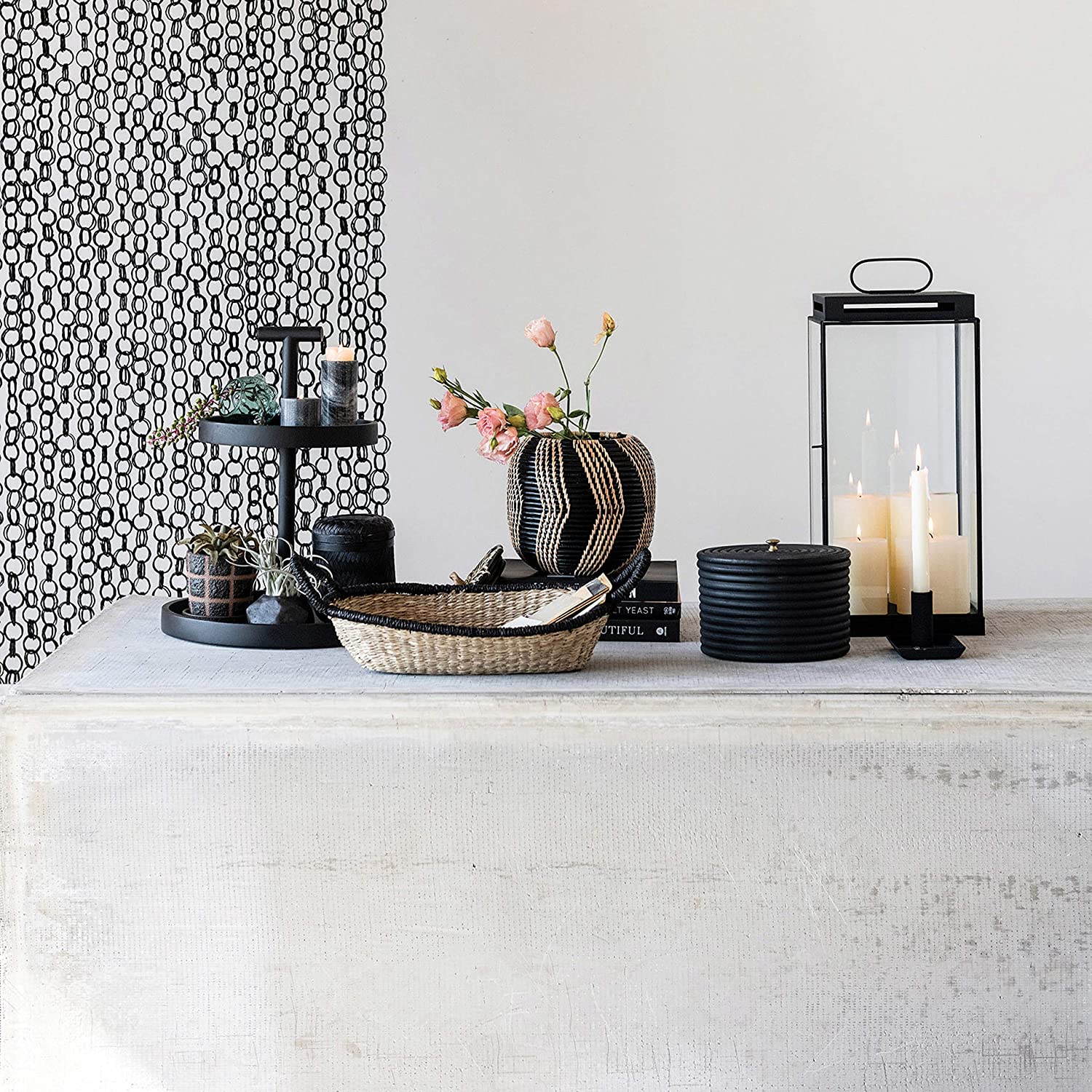 Bloomingville Decorative Handwoven Rattan Storage Basket Storage with Lid, Natural and Black