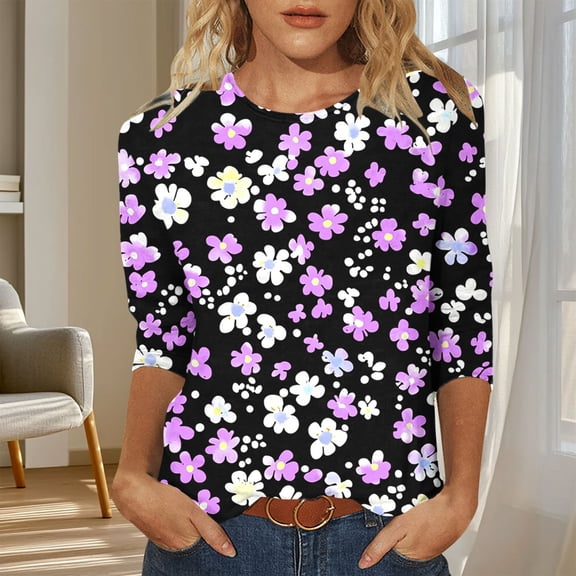 Qulqfy Women's Spring Tops Plus Size 3/4 Sleeve Shirts Crew Neck Floral Fall Going Out Tops Womens Blouses L