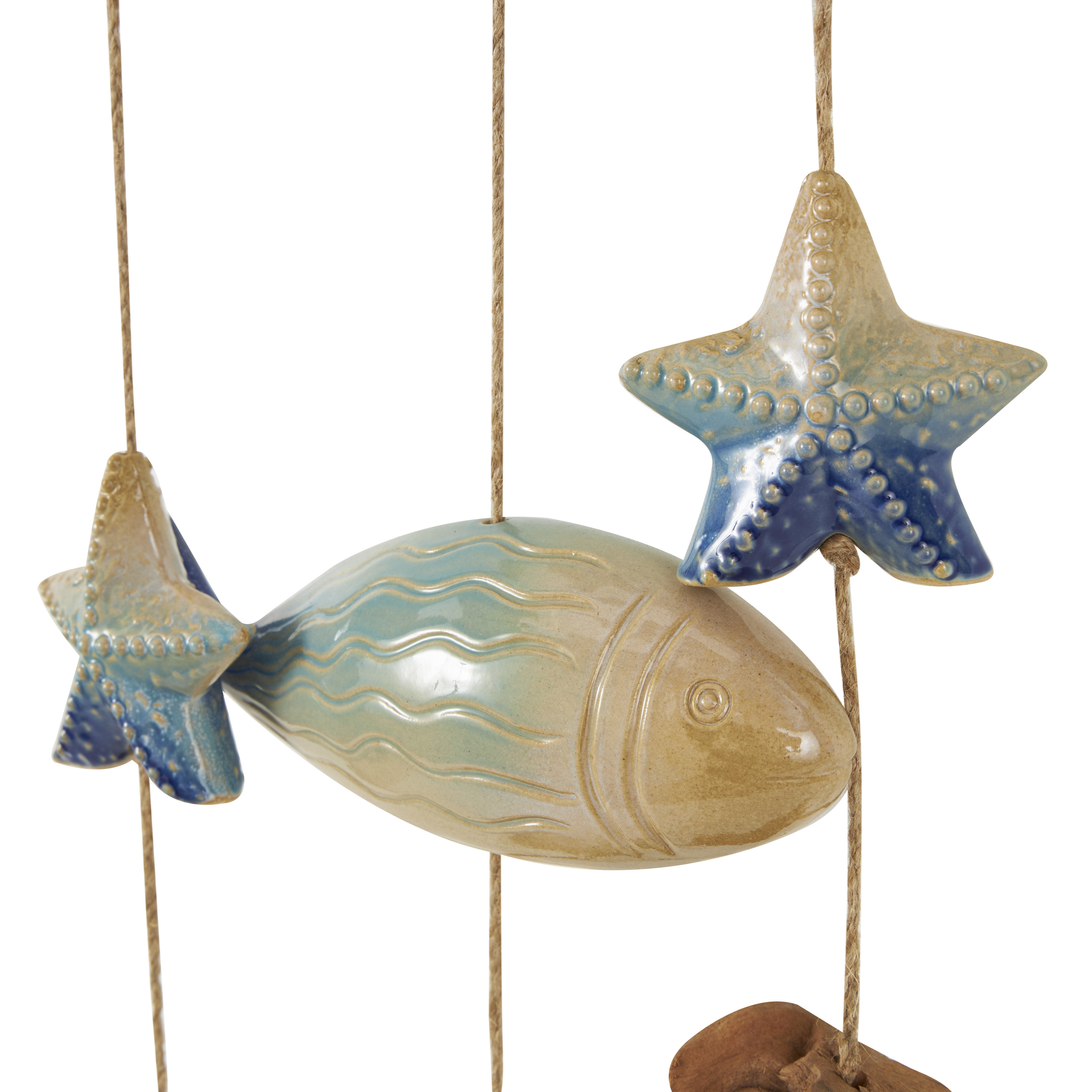 DecMode 40" Brown Ceramic Fish Windchime with Driftwood and Hanging Starfish Accents