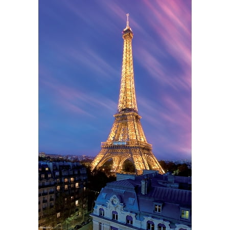 Paris France Tower - Eiffel Tower at Dusk Paris France Romantic Lights City Sky Photo Poster - 12x18 inch