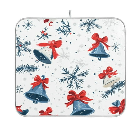 

BZSMCE Dish Drying Mat Christmas Blue Bowknot Bell and Snowflake Design Drying Mats