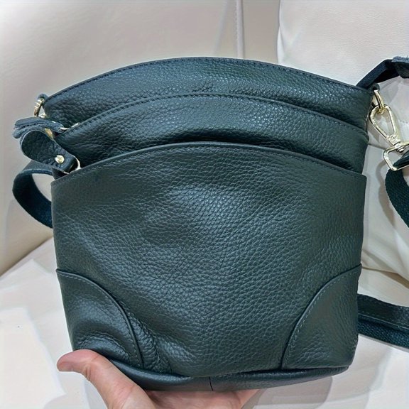 [Elegant Style] Genuine Leather Women's Crossbody Bag, Dual Pockets, Detachable Shoulder Strap, Zipper Closure, Versatile Shoulder Bag, Tote Bag