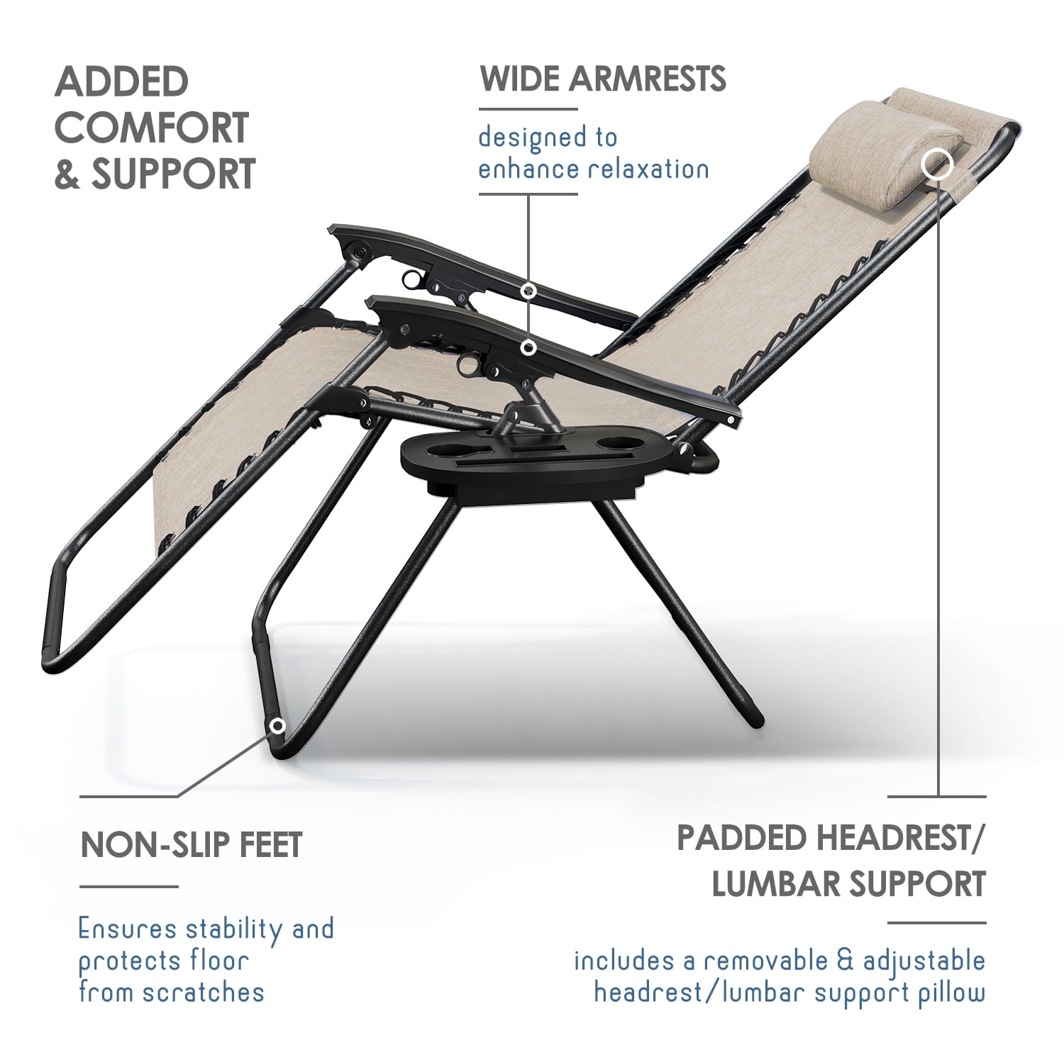 LammaLoe Zero Gravity Chair Set of 4, Outdoor Lounge Chairs with Cup Holder, Beige