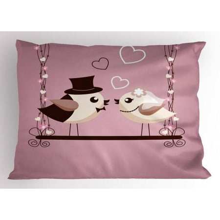 Engagement Party Pillow Sham A Bride And Groom Sparrow Couple Tweeting On Outdoor Swing Decorative Standard Size Printed Pillowcase 26 X 20 Inches