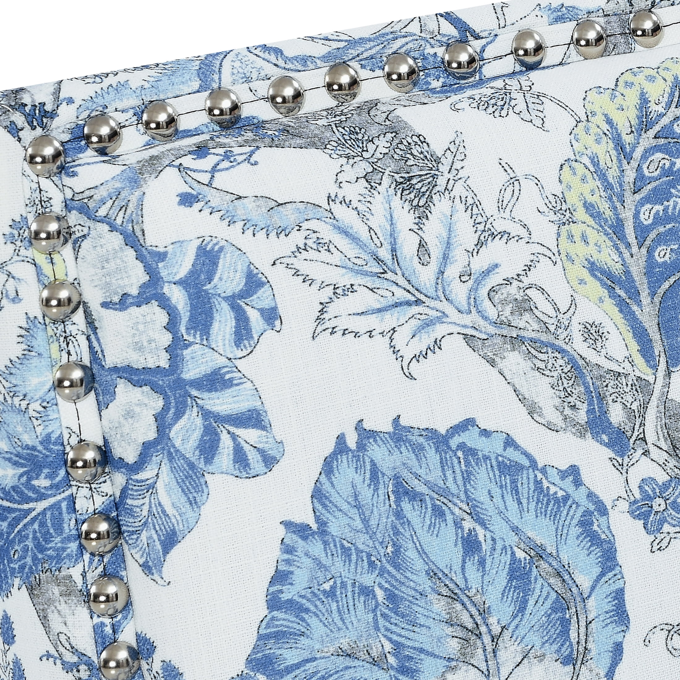 Noble House Floral Accent Chair with Nailhead Trim, Solid Wood Legs, Blue + White
