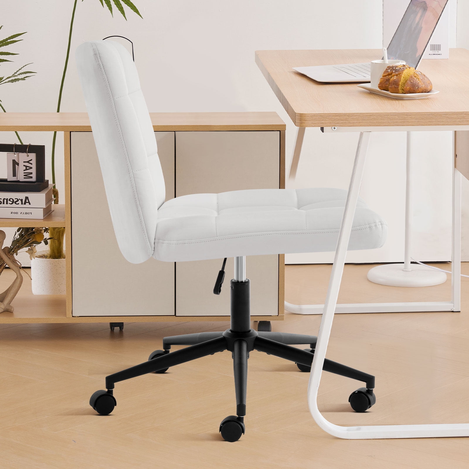 Furniliving Home Office Desk Chairs with Wheels Wide Desk Chair Mid Back Vanity Chair Modern Computer Desk Chair Swivel Accent Chair, PU-Ivorywhite