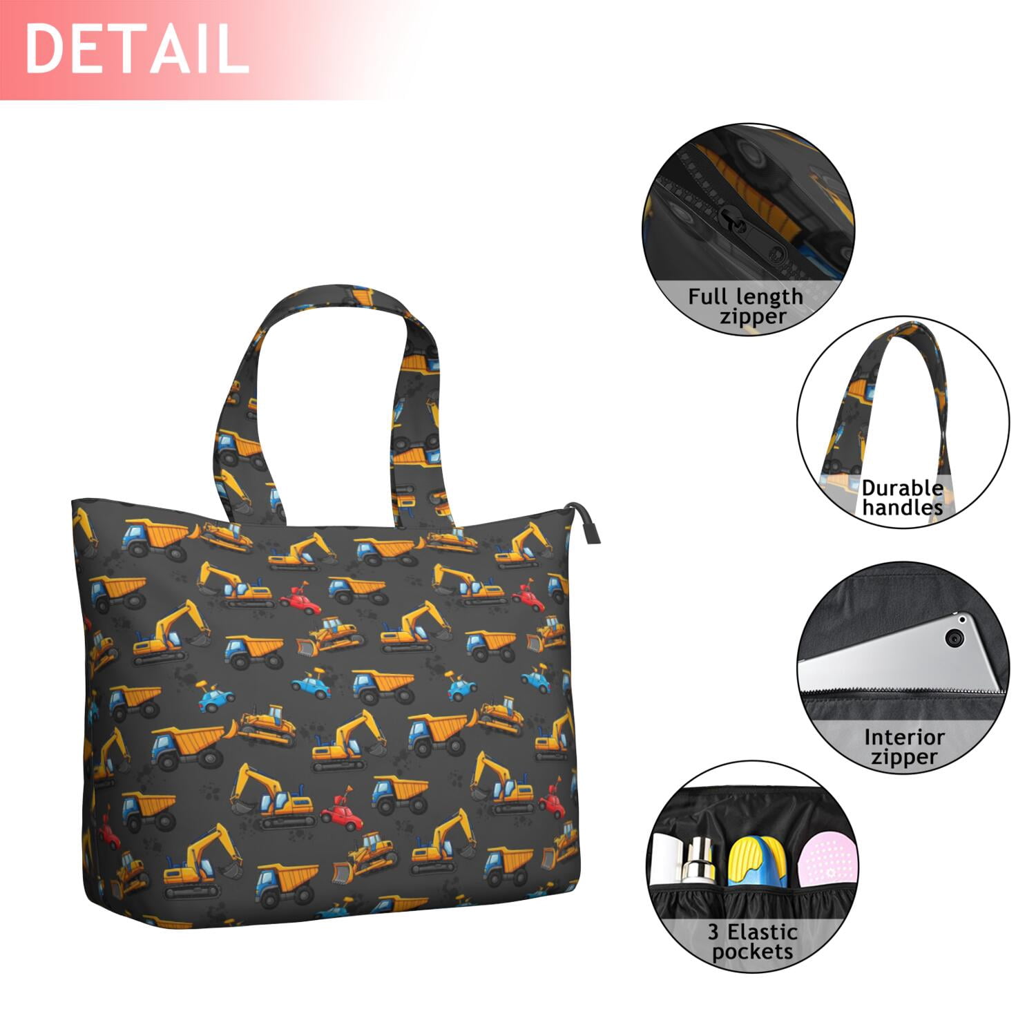 Cartoon Construction Vehicles Cranes Travel Tote Bags for Women Carry On,Large Weekender Bags for Women Travel,Multi Functional Duffle Bag for Work,Shopping,Sports