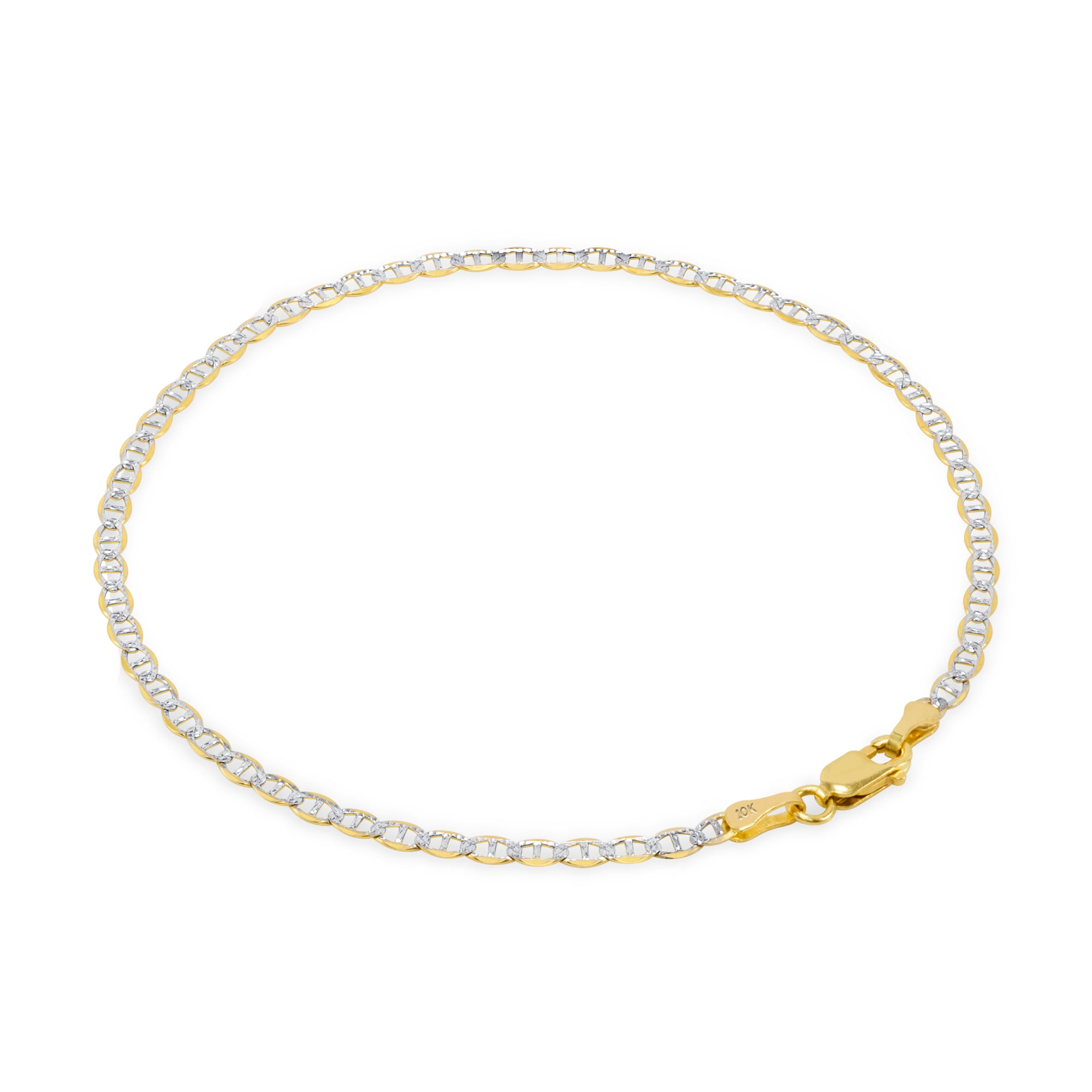 Nuragold 10k Real Yellow Gold Solid Mariner 2.5mm Anchor Chain Pave Diamond Cut Bracelet or Anklet (7"-9") Two Tone Italian Jewelry for Men & Women