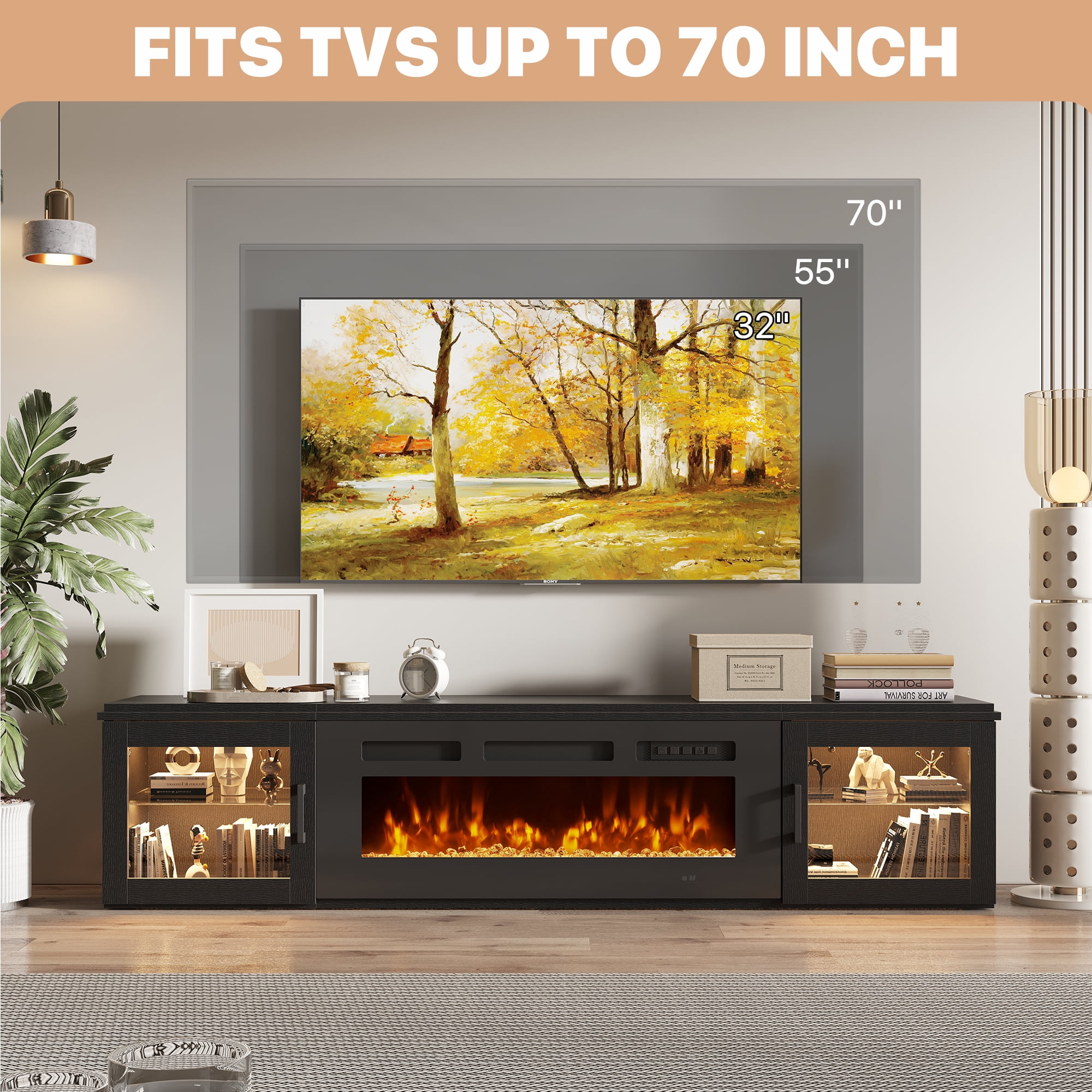 BaPiPro 70" Floating TV Stand for TVs up to 80", Wall Mounted Entertainment Center with 36" Electric Fireplace Heater, LED Lights, Black
