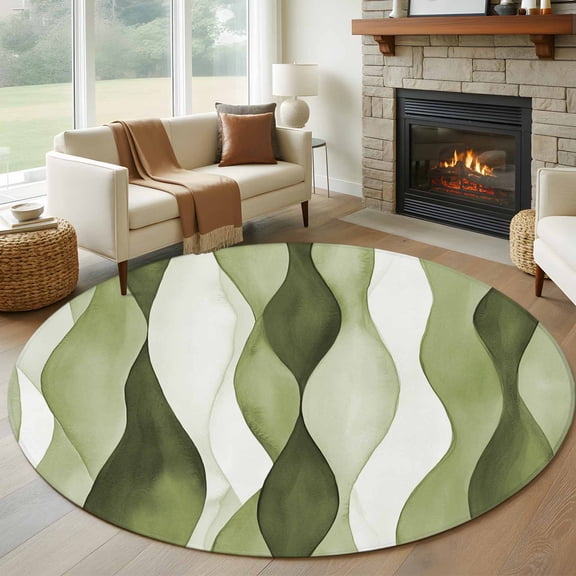 8ft Round Rug, Sage Green Stripes Non-Skid Rubber Backing Large Area Rugs - Living Room Bedroom Home Office, Retro Farmhouse Abstract Ripple Indoor Floor Mat Carpets Washable Rug