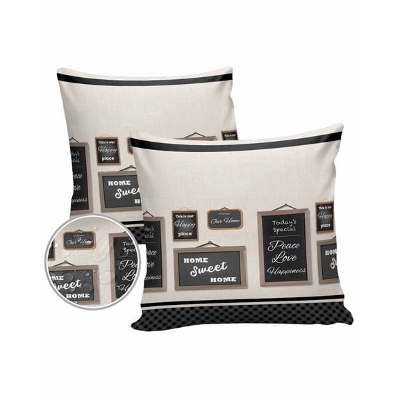 Pack of 2 Outdoor Pillow Covers, Sweet Home Wood Hanging Board Sign Black Plaid Retro Linen Waterproof Square Throw Pillowcase Cushion Decorative Pillow Covers for Couch Patio Tent, 24x24 in
