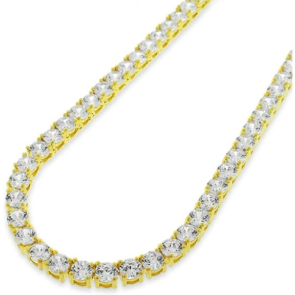 925 Italian Sterling Silver 4mm Tennis Necklace, Iced Out Round Cut CZ Cubic Zirconia Yellow Gold Plated Link Chain, Giorgio Bergamo 22