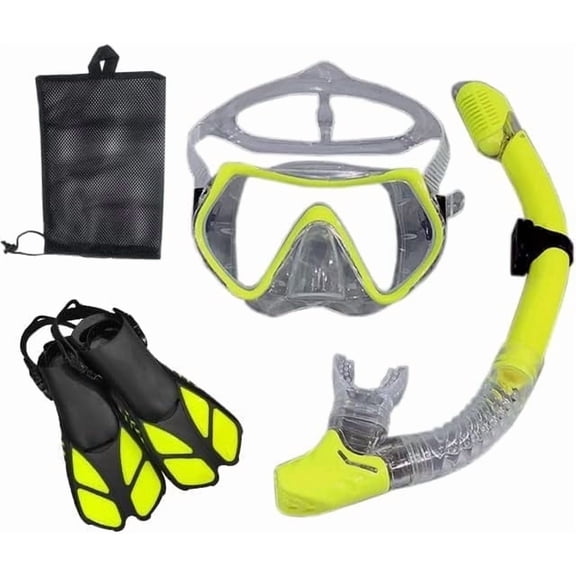 Mask, fins, snorkel set, including adult snorkeling equipment, panoramic diving mask, Trek fins, dry snorkel   travel bag