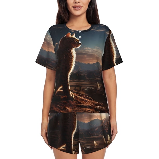 Fotbe Pyramid Desert Cat Conjunto de Pijama Estampado para Mujer, 2 Piezas, Ropa de Dormir con Camiseta de Manga Corta y Shorts Suaves-XX-Large