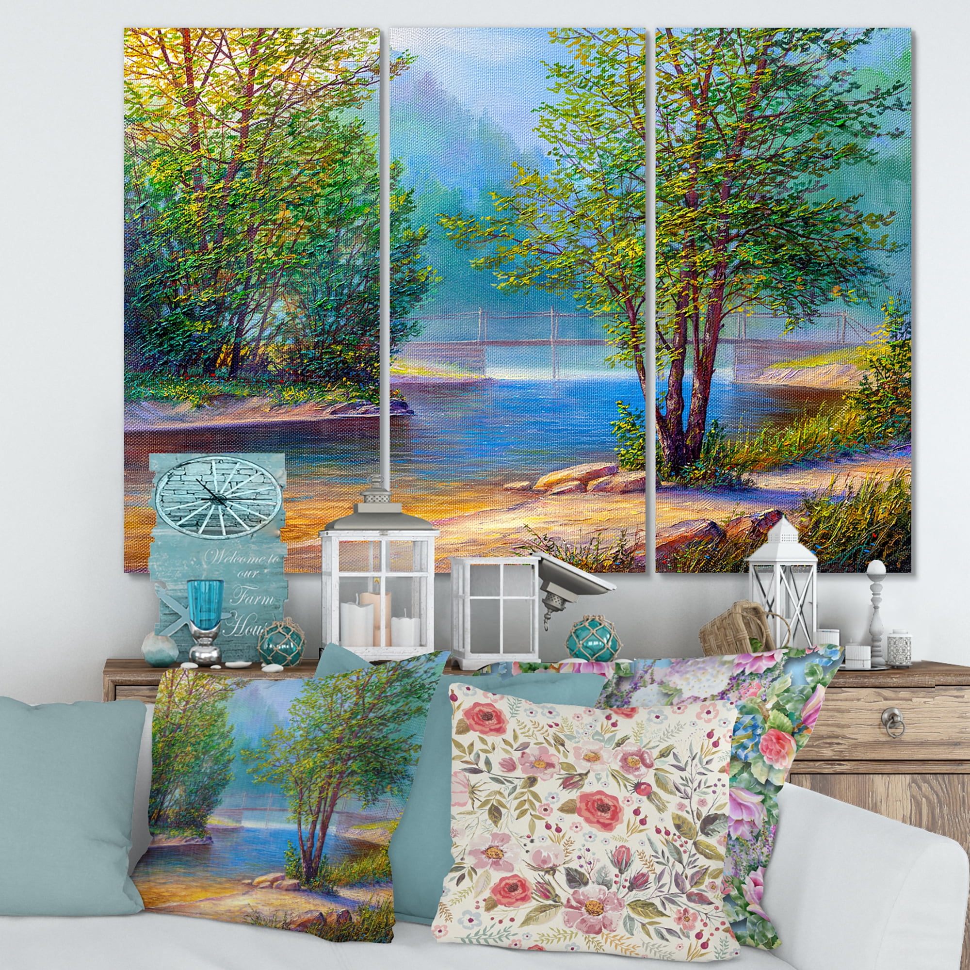 Designart ' Green Trees By The Bridge Over River ' Traditional Canvas Wall Art Print