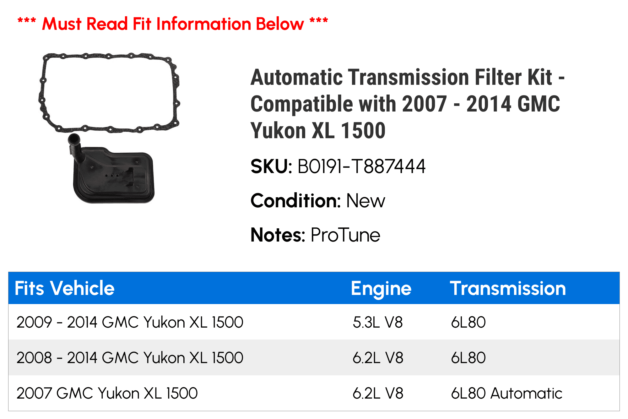 Automatic Transmission Filter Kit - Compatible with 2007 - 2014 GMC Yukon XL 1500 2008 2009 2010 2011 2012 2013