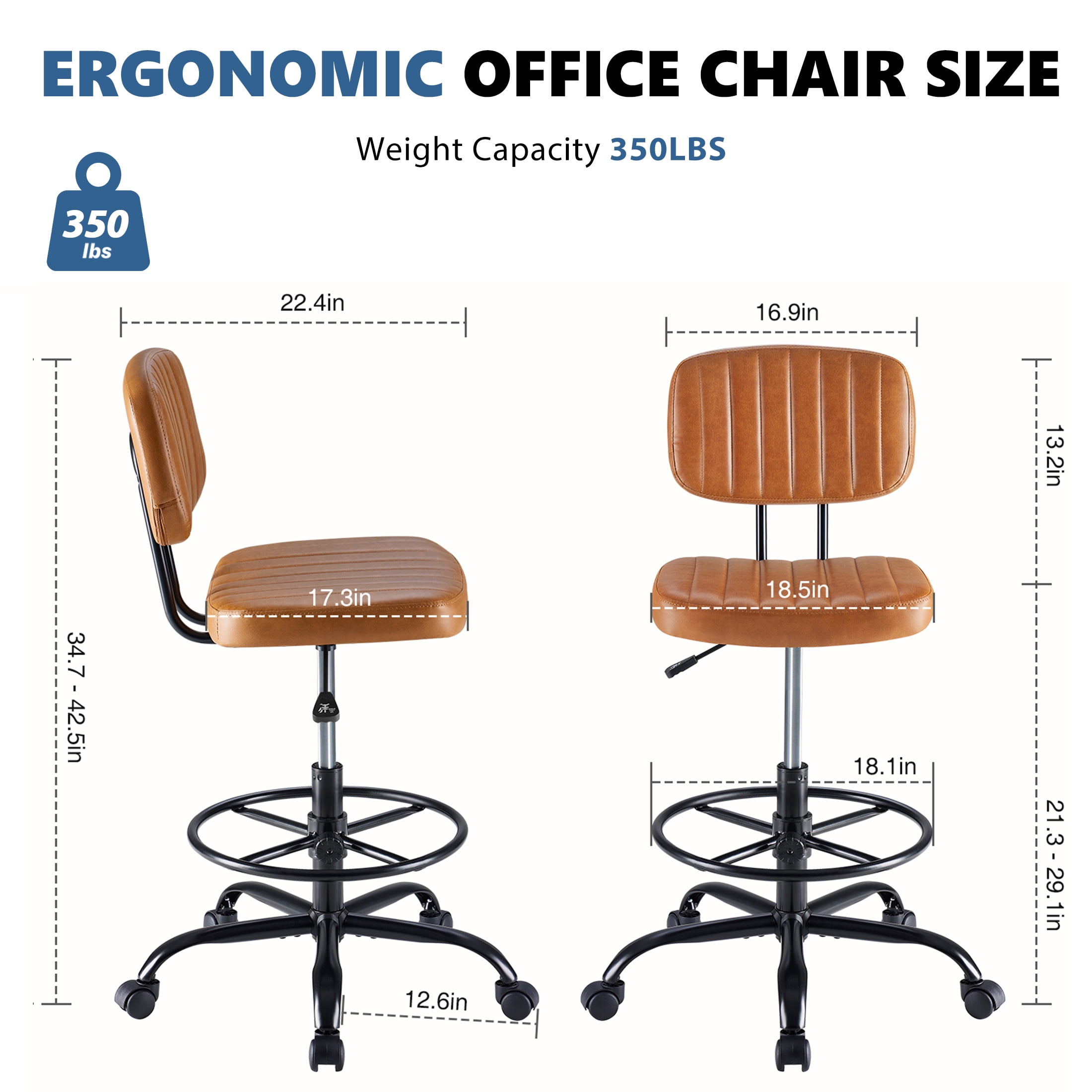 edx Adjustable Height & Foot Rest Office Desk Chairs with Backrest, PU Leather Modern Rolling Stool with Wheels 360°Swivel Task Chair for Home Office Bar Kitchen Shop(Brown)