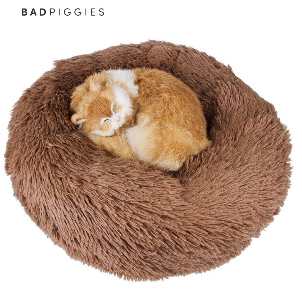 BadPiggies Pet Dog Cat Bed Kennels Warm Sleeping Cushion Plush Donut Faux Fur Round Nest (Brown, 32*32inches)