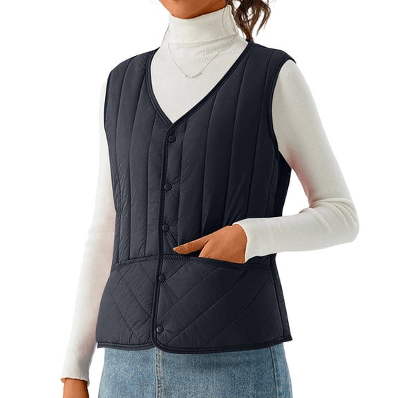 Women's Double-sided Cotton Padded Sleeveless Vest Jacket, Stand Collar, Black, Size XXL