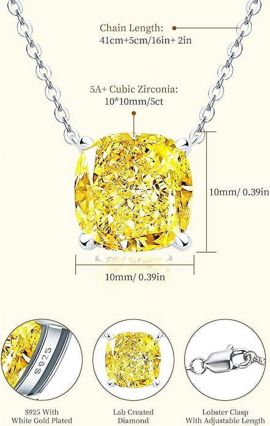 AINUOSHI Necklace for Women, 5 CT Yellow Cushion Lab Simulated Diamond Pendant,  925 Sterling Silver with 18K White Gold Plating
