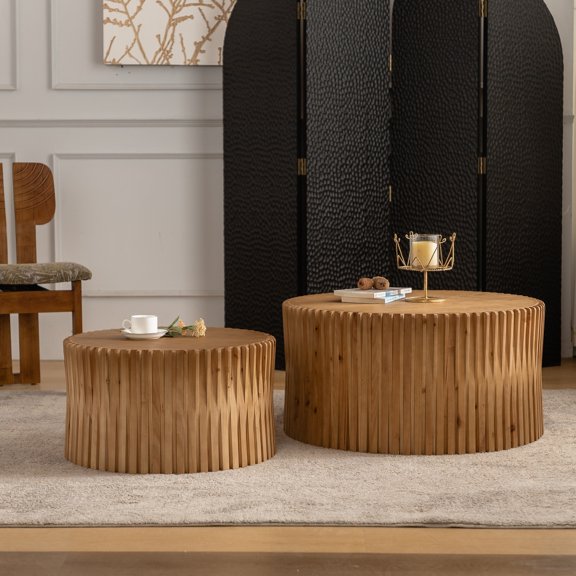 Vintage Cylindrical Nesting Coffee Table Set, Drum Coffee Table with Vertical Textured Embossed Design for Living Room, Office and Dining Room, Natural (Set of 2)
