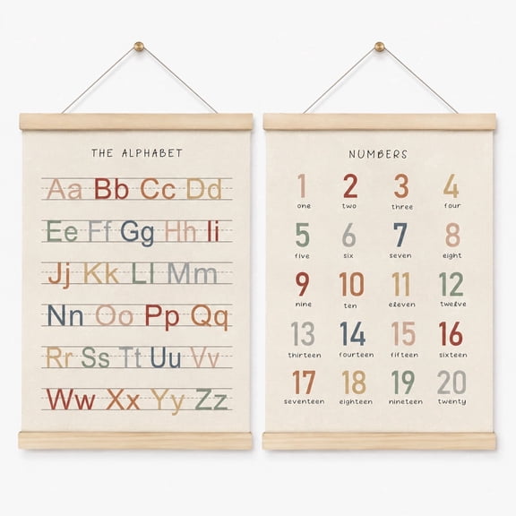 Alphabet and number wall hanging set, classroom wall decoration, ABC letter posters (1-20), wooden, suitable for classrooms, children's playrooms, studies, bedrooms, living rooms and dining rooms.