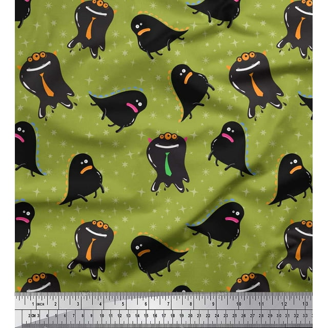 Soimoi Green Poly Georgette Fabric Star & Monster Cartoon Print Fabric by the Yard 52 Inch Wide