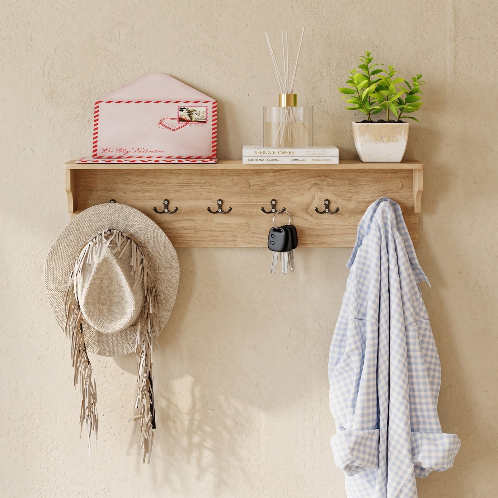 Furnibear Wall Mounted 31.5 inch Wooden Coat and Hat Rack with Top Shelf and 6 Hooks for Hats Towels Purses and Robes, Natural