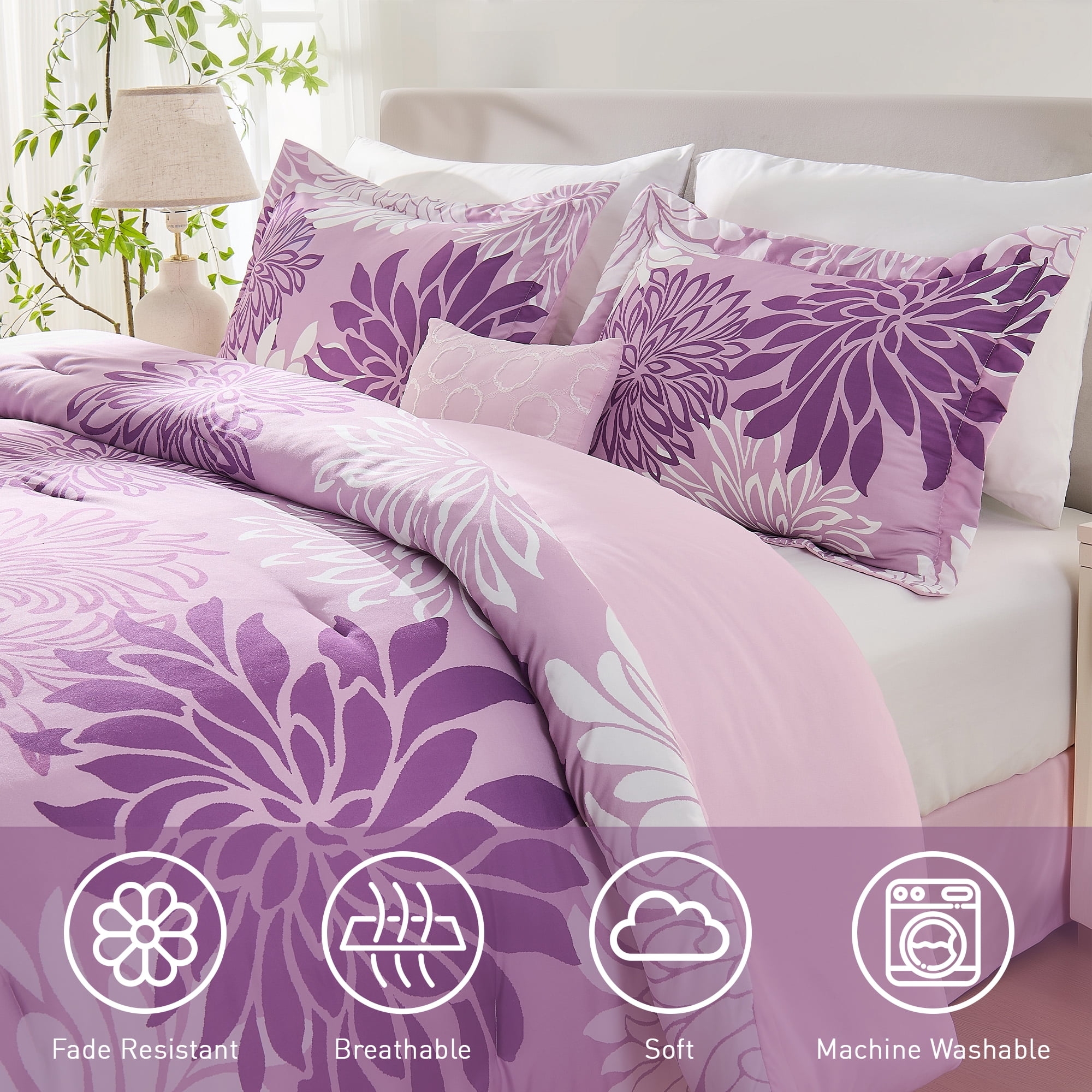 Regency Heights King Size Comforter Set, 5-Piece Floral Bedding Set for All Season, Purple Comforter Set King with Bed Skirt