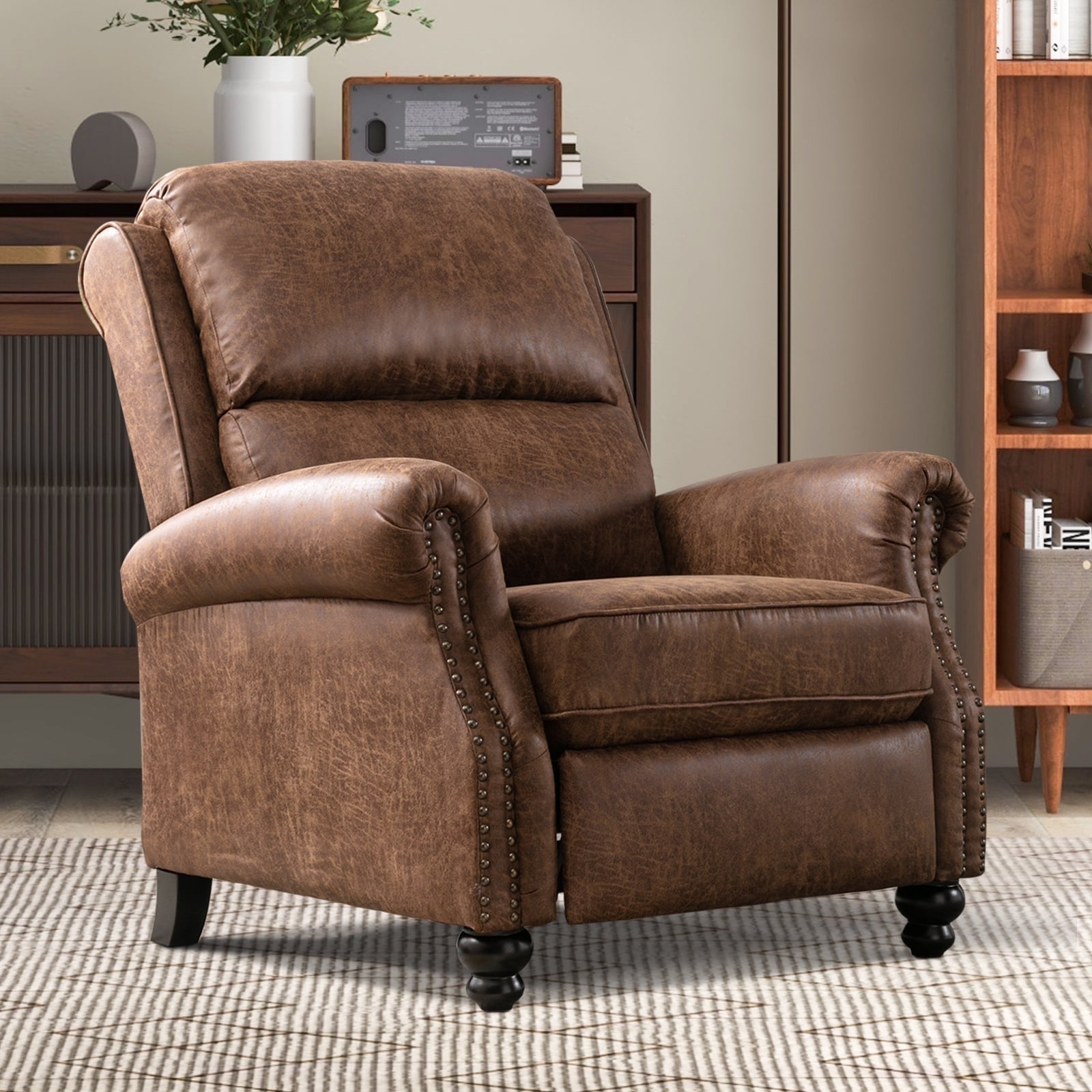 Ebello PU Leather Pushback Recliner Chair with Nailhead Trim - Vintage Style Push Back Lounge Chair for Bedroom & Living Room 350lbs Capacity, Brown