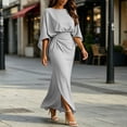 thumbnail image 4 of Women's Crew Neck Batwing Sleeve Maxi Dress, Ruched Waist Side Slit Long Dress with Pockets, Solid Loose Casual Floor Length Dress for Wedding Guest Party Silver-C XL(XL), 4 of 4