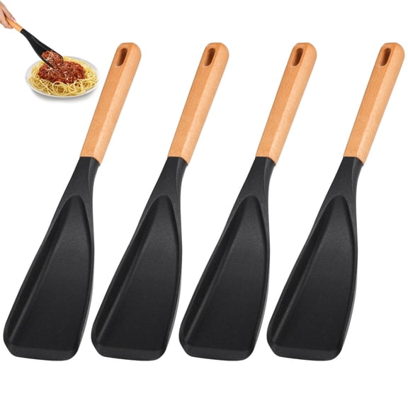 4 PCS Nonstick Cooking Spoon with Wood Handle, Silicone Salad Spoon, Hanging Cookware, Black Silicone Utensil for Mixing Scooping Serving