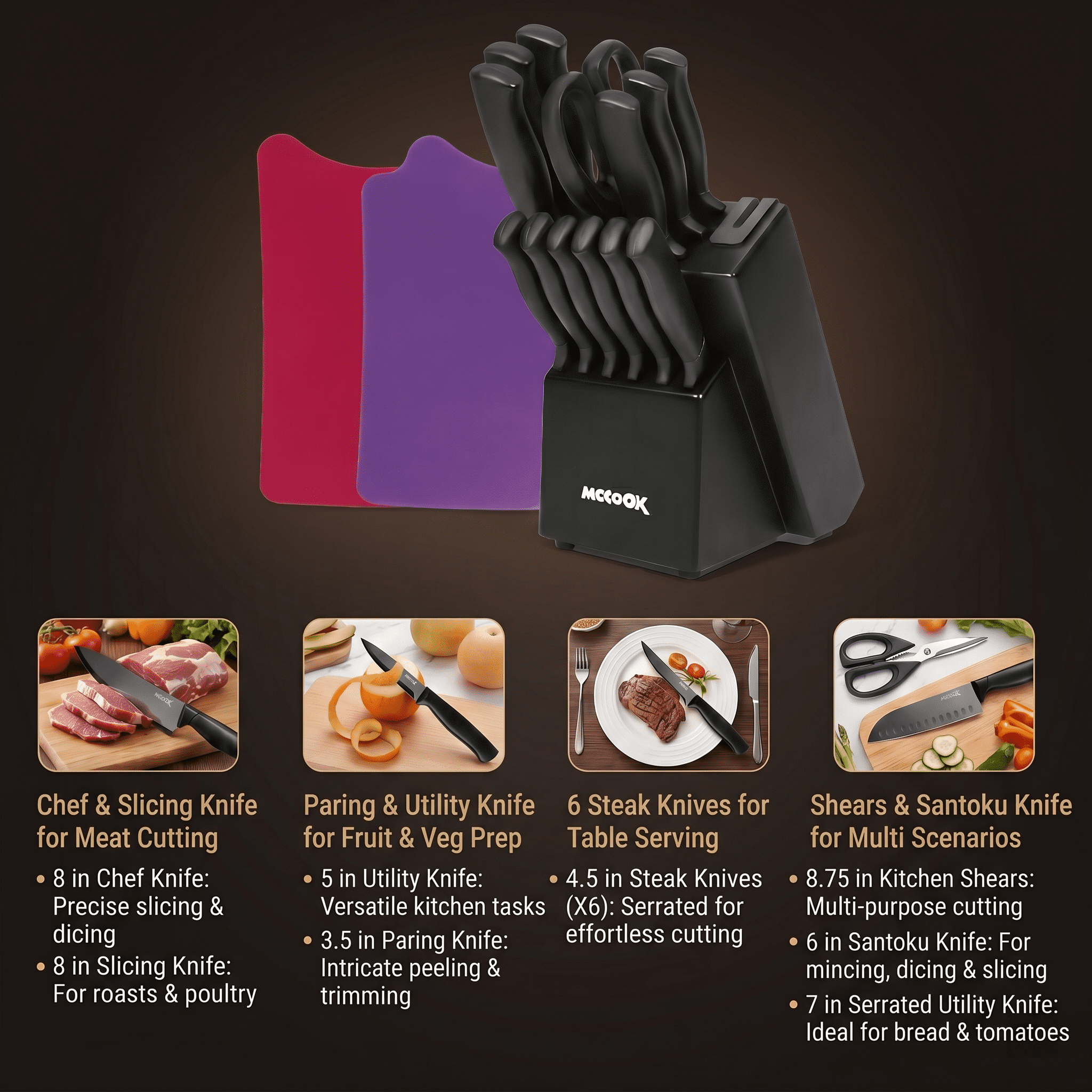 MoCook Kitchen Knife Set, 16 Pcs Knives Block Set with Built-in Sharpener, Healthy Anti-Rust Coating & German Stainless Steel Knife Set, Dishwasher Safe Black