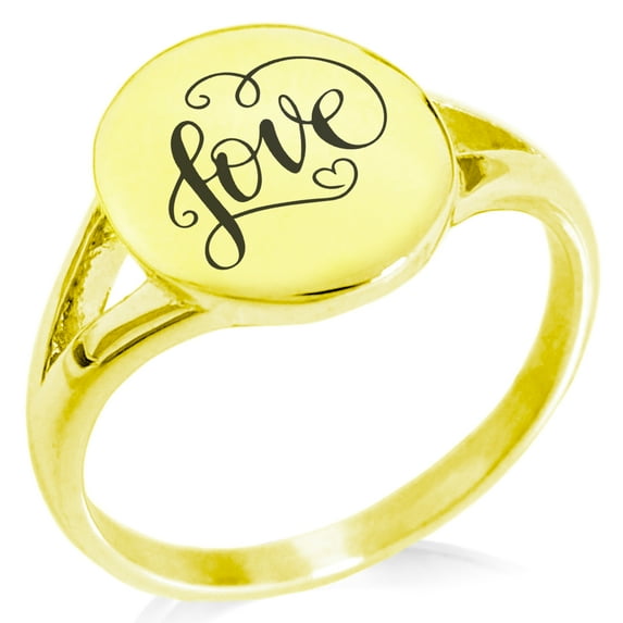 Stainless Steel Love Heart Calligraphy Swirl Minimalist Oval Top Polished Statement Ring
