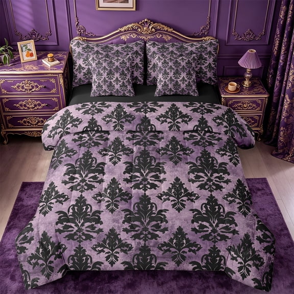 jejeloiu Dramatic Damask 7pcs Queen Bedding,Gothic Print Bedding Comforter Set Queen For Adults,Purple Black,Black Reversible