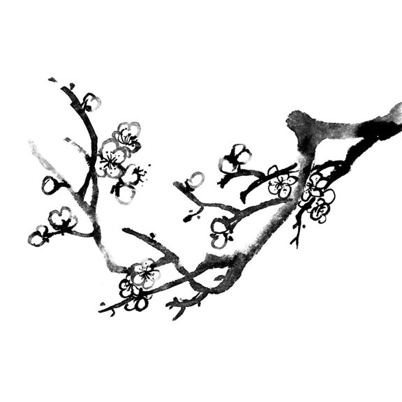 Art.com Chinese Black And White Traditional Ink Painting, Plum Blossom On White Background Art Print by elwynn, 24" x 16"