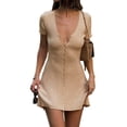 thumbnail image 2 of Women Deep V Neck Button Front Knit Mini Dress Elegant Short Sleeve Ribbed Flowy Hem A-Line Short Dress Skin Color L, 2 of 9