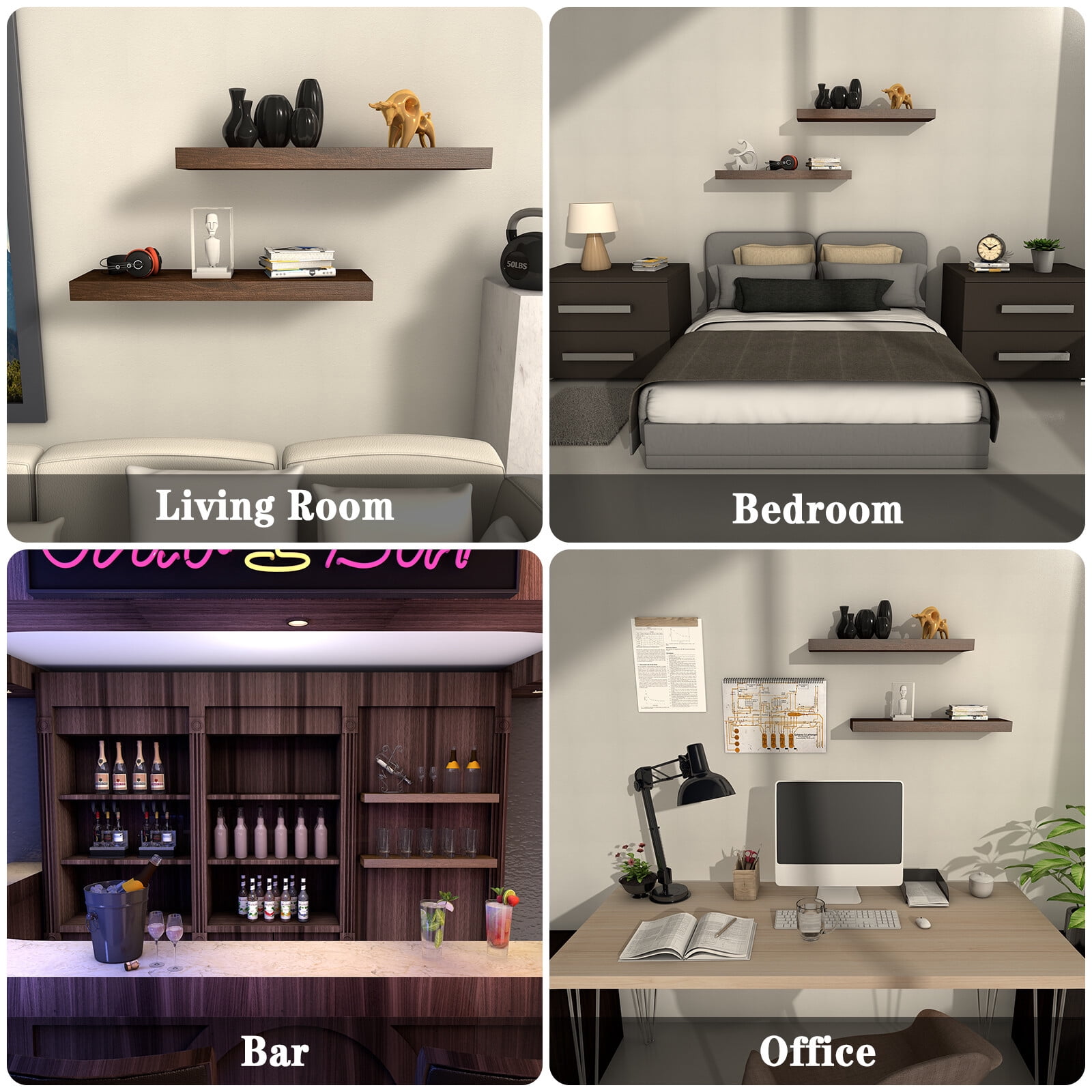 LINGJIA floating Wood Shelves Set of 2 - Rustic Shelf 24 inch - Wide Wooden Wall Shelves for Living Room Bedroom Kitchen Bathroom Farmhouse - Dark Walnut - 24" x 6.3"