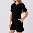 thumbnail image 3 of WMTBSRSW Womens Summer 2 Piece Outfits Lightweight Casual Ribbed Knit Short Matching Clothing Set Solid Comfy Crewneck T Shirts and Shorts Black L, 3 of 8