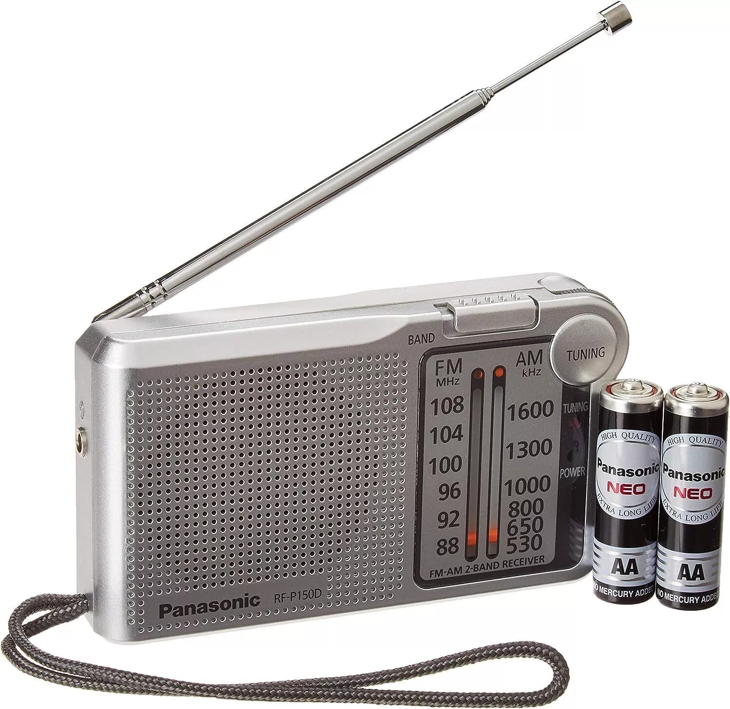 Panasonic RF-P150DEG-S Pocket FM/AM Radio with Digital Tuner, Auto Frequency Control, Large Dial Scale, Fluorescent Pointer, Battery Operated, Silver