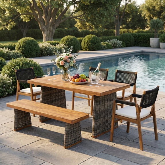 Christopher Knight Home 6-Piece Outdoor Dining Set with Wood Table, Bench and Black Rope Woven Armchairs, Teak Gray
