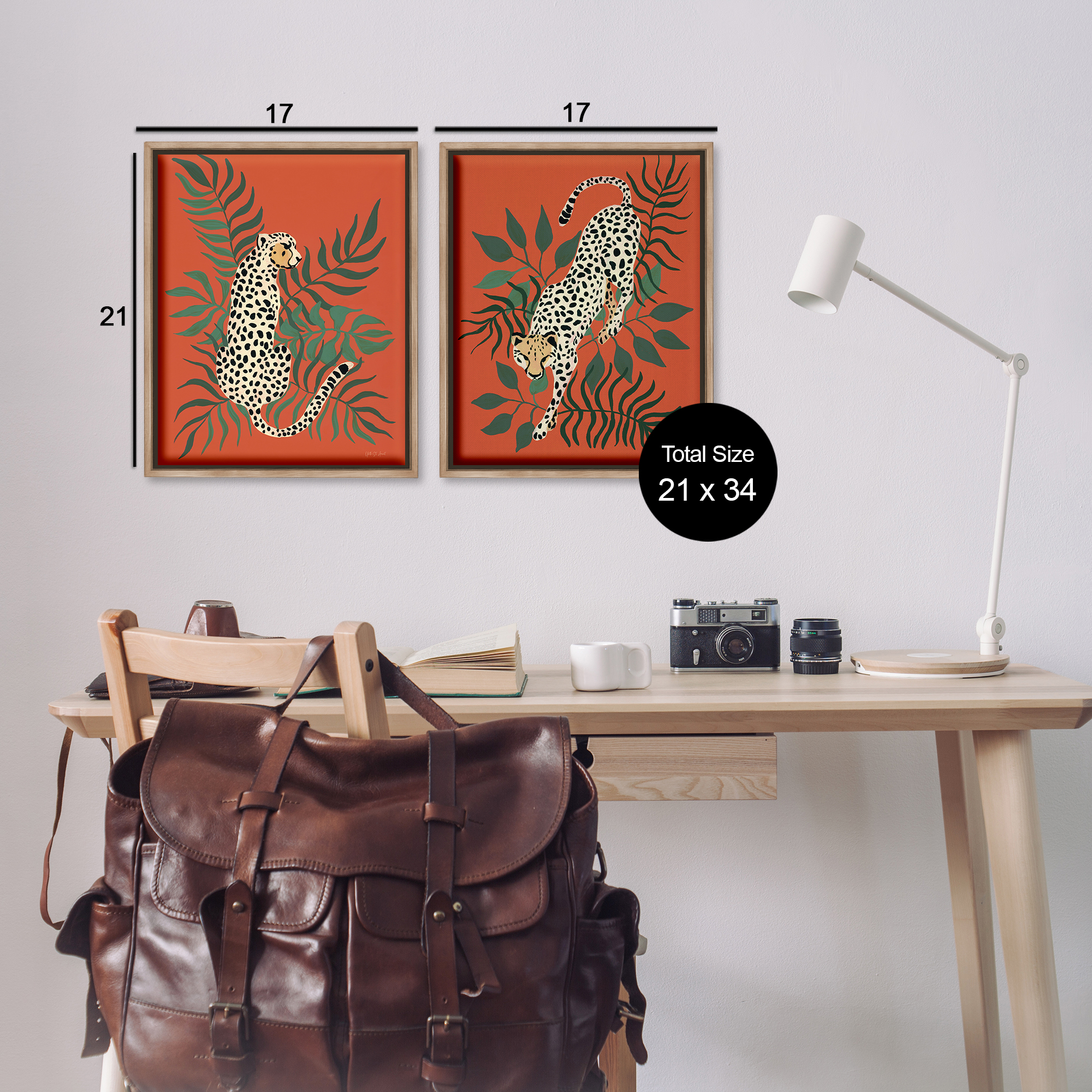 Stupell Industries Sitting Cheetah Prowling Jungle Animals Painting Brown Floater Framed Canvas Art Print Wall Art, 17 x 21, Set of 2