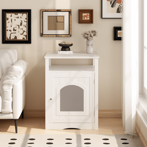 Barara King Modern Cat Litter Box Furniture Enclosure, Wooden Side Table Cabinet with Hidden Litter Box and Storage Shelf for Living Room, White
