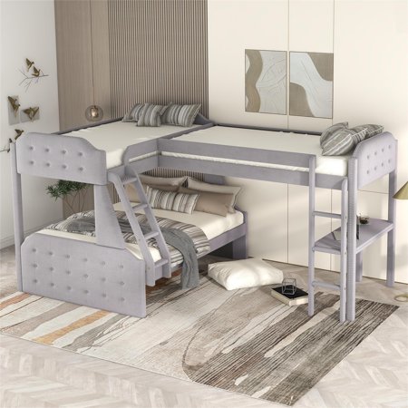L Shaped Triple Bunk Bed Twin Over Full Bunk Bed Attached Twin Size Loft Bed with Built-in Desk Corner Bunk Beds with Ladders and Guardrails Solid Wood Bunk Bedframe for 3 People Space Saving Grey