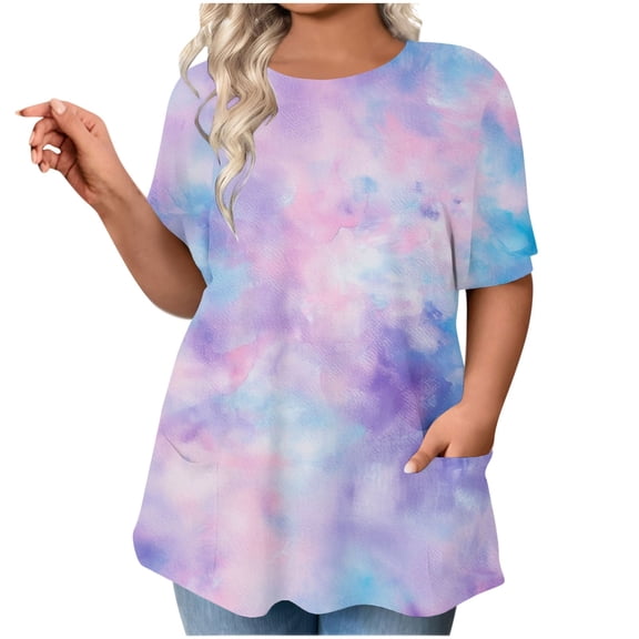 yillto Womens Plus Size Top Short Sleeve Round Neck Tunic Shirts Summer Tie Dye Tee with Pockets L-5XL